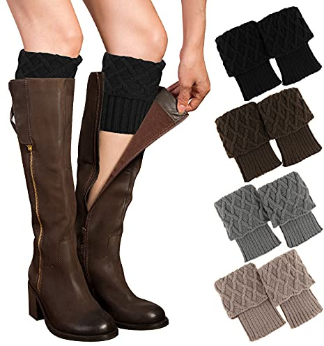 PHOGARY 4 Pairs Winter Warm Boot Cuffs for Women, Crochet Knitted Boot Socks for Gilrs Short Leg Warmers Boot Topper Socks Leg Cuffs Boot Warmers Gift for Girls (Style B)