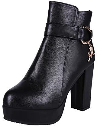 PAIDAXING Botines para mujer, plataforma puntiaguda, tacón alto, con cordones, piel sintética, estilo vintage, con cremallera, talla 4.5-7, Black, 37.5 EU