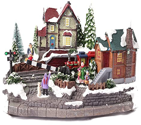 Generico Villaggio di Natale Trenino con Movimento su binari, Giostrina Stazione Treno con Luci e Musica Scenario Paesaggio Natalizio Parco Giochi Carillon con luci Musicale 34x21x22 cm