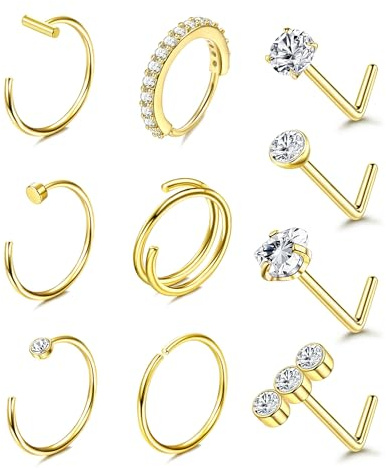 FIOROYAL 10Pcs 14K Gold Filled Nose Ring Studs 20G Nose Rings Hoops 316L Stainless Steel Nose Rings for Women Men Hypoallergenic Round CZ Heart Simulated Diamond L Shaped Gold Nose Stud