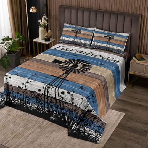 Windmill Quilt Set King Size, Rustic Farmhouse Bedspread Set Retro Wooden Board Coverlet Set Windmill Decorations For Inside Home, Vintage Western Barn Door Bedding Set Lodge Cabin Decor, Brown