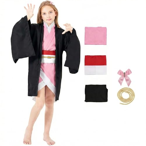 Pomzio Déguisement Nezuko Cosplay Costume Deguisement Cosplay Nezuko Fille Femme Manga Kimono avec Perruque pour Enfant adulte pour Halloween Carnaval, MDZ Enfant 150