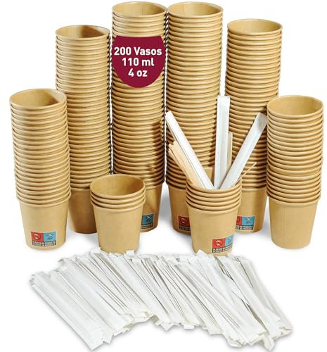 200 Gobelets Jetables Café en Papier Carton Kraft 110 ml / 4 oz. Gobelets pour Café Court, Lungo, Expresso et Plus avec Agitateurs en Bois Emballés dans du Papier