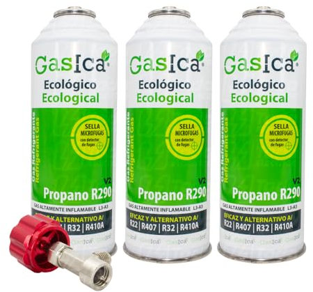 Ralertreik Pack Gasica V2 Gas Refrigerante Ecológico Sustituto del R22/R407/R32 y R410A (3 Botellas + Llave)