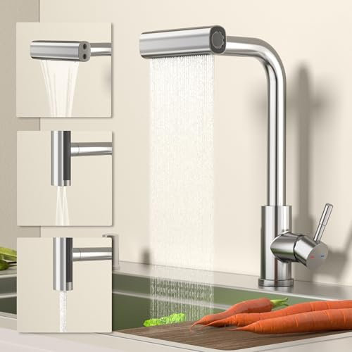 Robinet de cuisine avec douchette extensible en acier inoxydable, 4 modes, extensible à 360°, haute pression