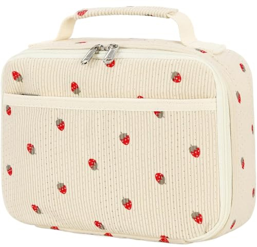Lamppdcor Girls Lunch Box,Lunch Box Bag with Strawberry Pattern Corduroy Fabric Cute Insulated Lunch Bag with Double Zipper Portable Lunch Bag for Work Office School Picnic Travel