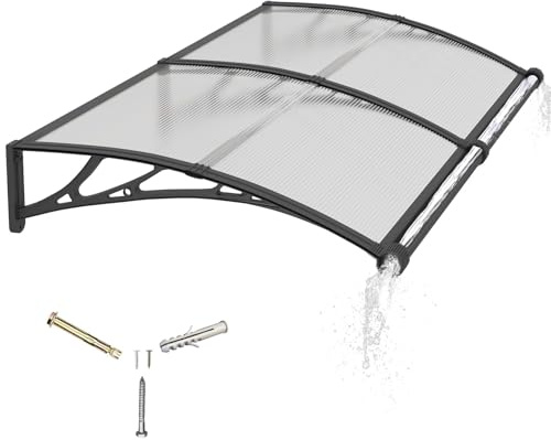 Auvent pour Porte d'entrée 150x100cm,Toit Marquise avec Gouttière en Polycarbonate Protection Contre Pluie,UV et la Neige Support Robuste en ABS Durable