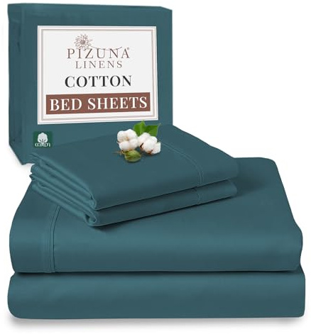 Pizuna 100% Cotton King Size Sheet Set Peacock Blue 400 Thread Count | 400 Thead Count Long Staple Cotton Bedding, 275x280 cm, Soft Sateen Weave Bed -fitted Flat Sheet & 2 Pillowcases