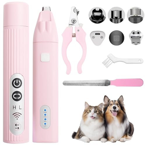 OneNine Leise Schermaschine Hund Katze, Krallenschleifer für Haustiere mit Nagelschere und Datei, Wiederaufladbar Krallenschere, Tierhaarschneidemaschine für Körper, Pfoten, Augen, Ohren, Gesicht