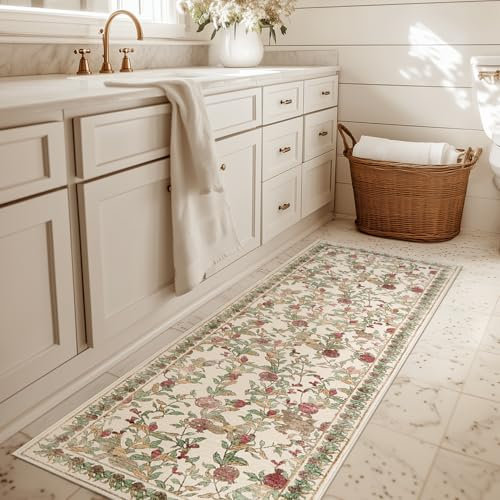 TOPICK Blumen Läufer Flur Waschbar Küche Läufer Kurzflor Vintage Rot-Grün Romantisch Teppich 60x210cm Antibakterieller Faltbar rutschfest Dünn Teppich für Brücken Schlafzimmer Wohnzimmer Flur