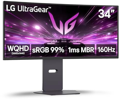 LG 34G600A-B 34-inch Ultragear WQHD (3440 x 1440) Curved Gaming Monitor 160Hz, AMD FreeSync Premium, HDR10, Built-in Speaker, Reader Mode, HDMI 2.1, DisplayPort, Tilt/Height/Swivel Stand, Black