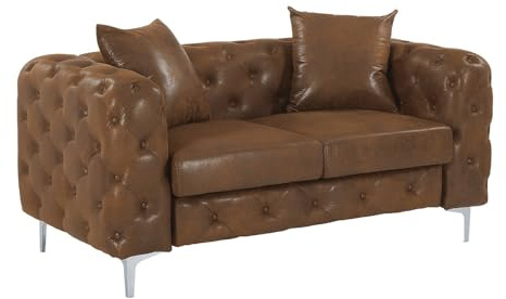 Vente-unique - Canapé 2 Places Chesterfield en Microfibre Aspect Cuir Vieilli Marron Edwina