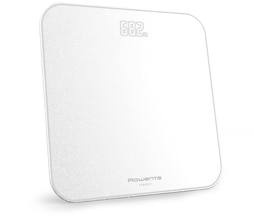 Rowenta Classic 2.0, Bilancia con Schermo Invisibile LED Facile da Leggere, Capacità 180kg, Design Moderno e Funzioni Intelligenti, AutoAccensione e Spegnimento Automatico, Colore Bianco, BS1901V1