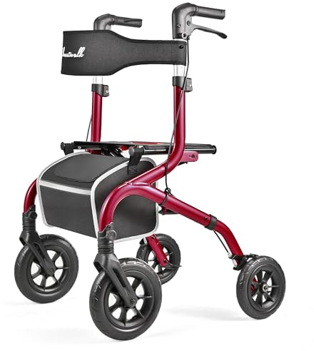 PLANET WALK Foldable Rollator Walker: 10 & 8 All-Terrain Wheels, 300lb Capacity, Treaded Rubber Tires, Breathable Seat & Backrest, Lightweight Mobility Aid for Seniors, Red