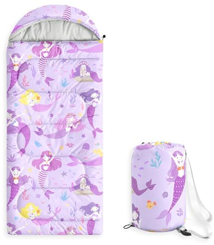 Wake In Cloud - Mermaid Kids Sleeping Bag for Girls Toddlers, Camping in Warm Cold Weather, Backpacking Lightweight Compact Outdoor Liner for 3 Seasons Summer Spring Fall, Lavender
