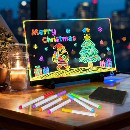 Pizarra de dibujo LED para niños con colores, 4 modos, pizarra acrílica brillante transparente con 7 plantillas de dibujo, 7 lápices de neón, 1 esponja, tablón LED para notas, regalo creativo para