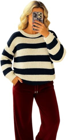 Pretty Attitude Oversized New Ladies Womens Chunky Knit Striped Baggy Jumper Knitted Sweater Thick Top Size 8-18 (UK, Numeric, 12, 14, Regular, Regular, Navy & Cream)