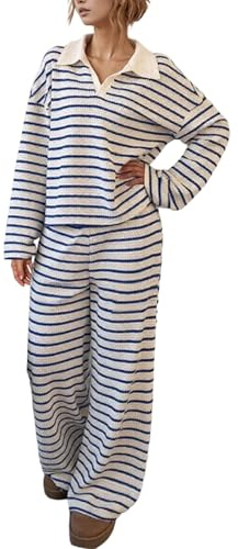 Traje de casa para mujer a rayas, traje de ocio de punto, solapa de manga larga y pierna ancha, pantalones elásticos para el tiempo libre con bolsillos y cordón, gran tamaño, acogedor pijama, O azul