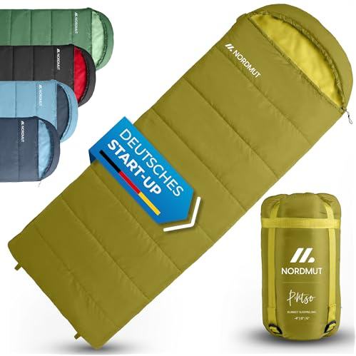 NORDMUT® Sacco a pelo coperta adulto con cerniera YKK a doppio senso – Dimensioni compatte & ultraleggero 1600 g – 3 stagioni (250 GSM) – Sacco a pelo per campeggio, outdoor & festival (Ocra)