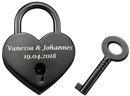 Hanessa Liebesschloss Graviertes Herz Vorhänge-Schloss mit Schlüssel mit Ihrer Gravur Hochzeitstag Jahrestag Geschenkidee Namensgravur in Schwarz