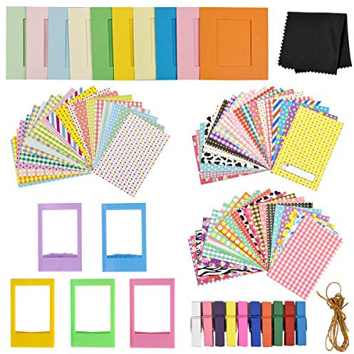 Accesorios para Fujifilm Instax Mini 9/8+/8: 60 Marcos de Pegatinas, 10 Marcos de Papel, 5 Marcos de Cuadros de Plástico, 10 Clips Colgantes con Cordón, 1 Paño de Microfibra