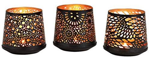 3er-Set Windlichter aus Metall 3-Fach Sortiert mit tollen Ornamenten - Teelichthalter Kerzenhalter konisch - Mediterran Orientalisch Modern Tischdeko Wohndeko (schwarz - Gold) Ø 10 x Höhe 11 cm