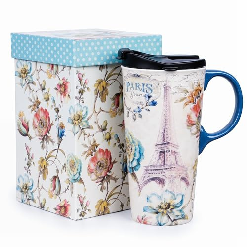 DUSVALLY Ceramic Travel Mug with Lid, 500ml/17oz Paris Eiffel Tower Coffee Mug with Handle, Vintage Floral Tea Cup, Microwave & Dishwasher Safe, Gift Box Included