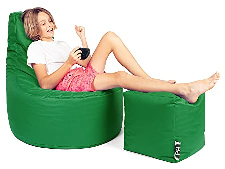 PATCH HOME Patchhome Gamer Cushion Lounge Cushion Bean Bag Chair Seat Cushion Bean Bag + Cube / Stool with Zip Already Filled (Green, XXL - Diameter 80 cm Armchair + 35 x 35 cm Cube)