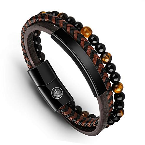 Casisto.J Pulsera Cuero Hombre - Pulsera Trenzada Hecha a Mano clásica en Negro y marrón con Cierre magnético Grabado Joyas Gratis en Caja