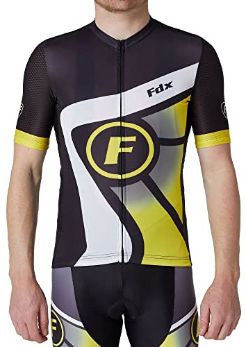 FDX Men’s Cycling Jersey - Short Sleeves Summer Biking Tops, Breathable Quick Dry Mountain Bike MTB Jersey, 1/4 Zip T Shirt for Running, Biking and Hiking (Black/Yellow, XX-Large)