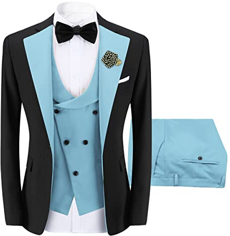 Sliktaa Hommes 3 Pièces Costume Un Bouton Slim Fit Formelle Mariage Dîner Costume Blazer Gilet et Pantalon Multicolore,Bleu Clair,3XL