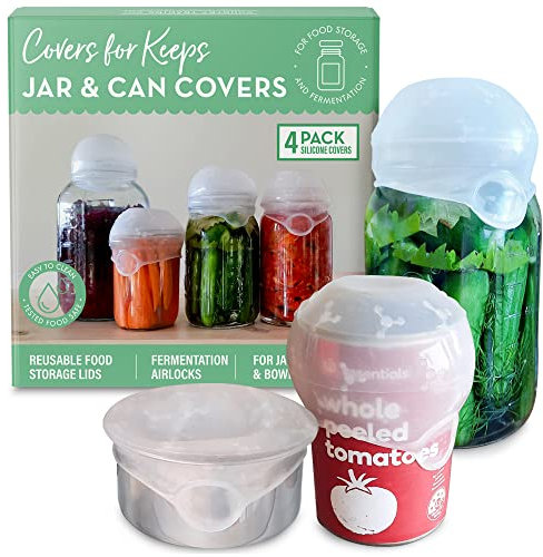 Reusable Silicone Stretch Food Covers and Fermentation Lids | Set of 4 Flexible Covers for Jars Cans and Small Bowls | One Size Fits All Fermenting Lids for Jars | Replace Cling Film