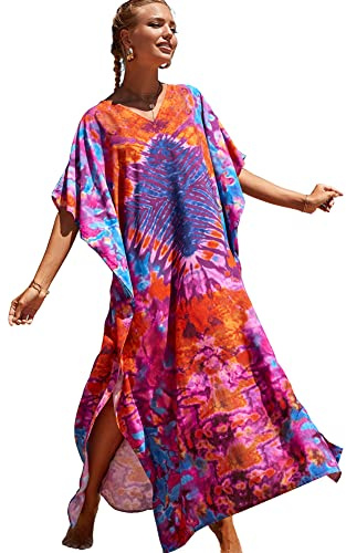 XIVISTO Maxi Lungo Beach Caftano Donna Oversize Abito da Spiaggia Copricostumi Pareos Boho Kimono Costume da Bagno Cover Up