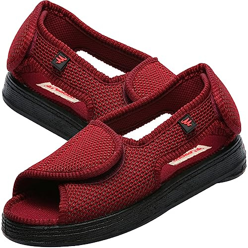 AZMAHT Pantoufles Diabétiques Femme Chaussons Elargissement Réglable pour Personne Âgée Pieds Gonflés Arthrite Oedème Chaussures de Marche Respirantes Confortables,Rouge,40