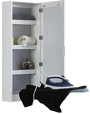 LuusMm White Wall Mounted Ironing Board with Storage Cabinet, Modern Ironing Board Cabinet Foldable with Mirror, Built in Ironing Board And Folding Support Legs