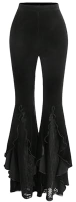 GORGLITTER Women's Lace Gothic Pants Y2K Fall Velvet Goth Bell Bottom Festival Halloween Renaissance Rave Flare Pants Black Small
