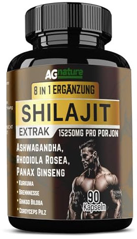 AG nature Shilajit Puro Himalayano Originale Forte 90Cps | 15250mg Complex 8 in 1 con Ashwagandha, Rhodiola Rosea, Curcuma, Ortica, Gingko Biloba e Panax Ginseng