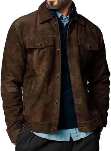 Chaqueta de piel de ante para hombre, piel de cordero real, chaqueta de cuero casual para hombre, abrigo de camionero de gamuza para hombre, Marrón oscuro, X-Large