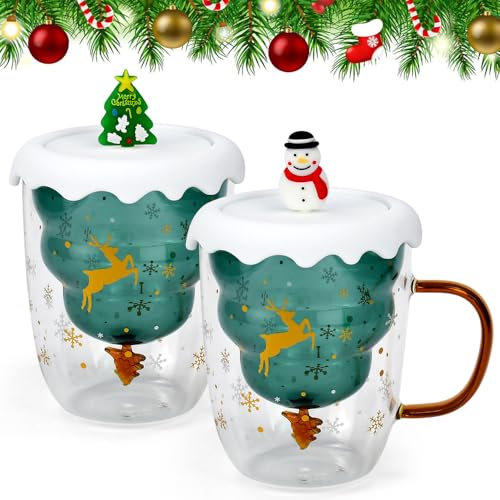 EUIEUT 2 Stück Weihnachten Becher 300ml Weihnachtstasse Weihnachtsbaum Kaffeeglas Teegläser Trinkgläser Kaffeegläser Doppelwandige Süße tassen Trinkbecher mit Deckel Weihnachtsgeschenke Christmas Mug