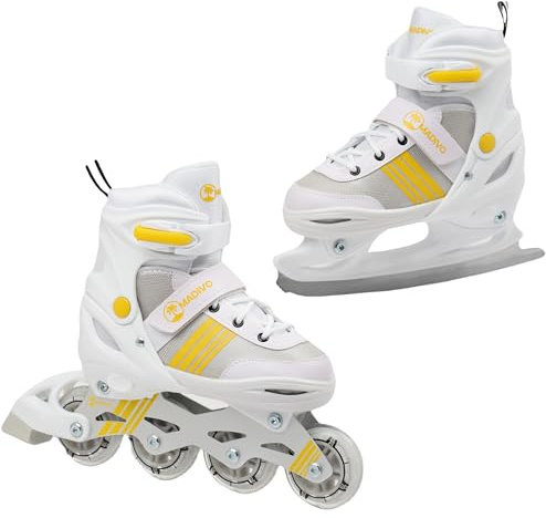 MADIVO Duo Set 2in1 Inliner/Schlittschuhe VERSTELLBAR | für Kinder und Jugendliche | Damen Herren Inline-Skates umbaubar zu Eislaufschuhe | Größen: 34-37, 38-41 (Weiß, L (38-41))