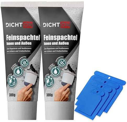 Feinspachtel weiß 2 x 300g mit Spachtelset innen & aussen - Wand & Decke Fertigspachtel, Bohrloch- & Rissfüller, Spachtelmasse zum reparieren & ausbessern - schnelltrocknend, überstreichbar - D.60W