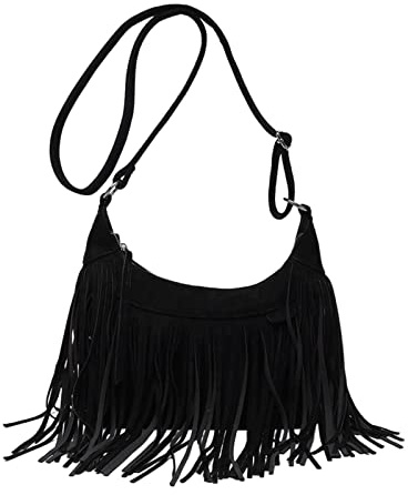 LeeQinersw Borsa a Tracolla, Borsa con Nappe, Borsa Tote Alla Moda, Moderna, Tracolla Regolabile Retrò con Frange per Scuola, Telefono, Lavoro, All'aperto, Lapto, Nero