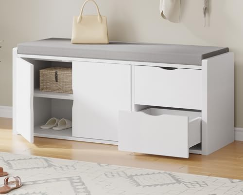 LVB Banco de Almacenamiento Multifuncional, Zapatero con Asiento Acolchado y cajón, para recibidor, salón o Dormitorio, Resistente hasta 150 kg, Color Blanco, 101 x 45 x 34 cm