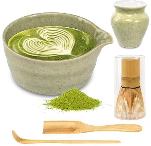 GOSHIES Matcha-teset 5 stycken med matcha-skål, visp, spade, kvast, kvasthållare och visk-set, grön