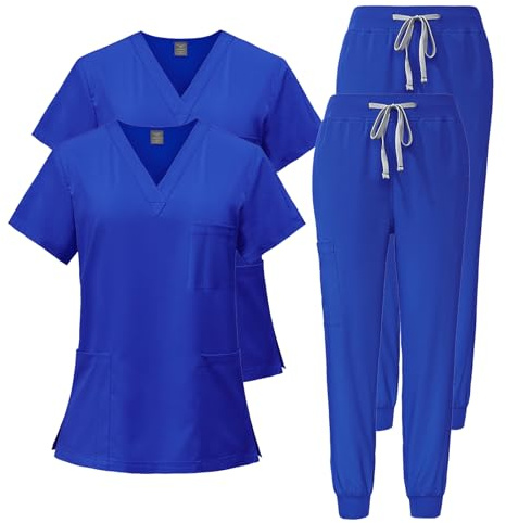 Meichoon Blouses Femme Lot de 2 Séchage Rapide Col En V Manches Courtes Top Stretch Pantalon De Jogging Doux Résistant aux Plis DK05Blue XXL