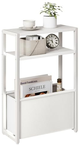 IBUYKE Tavolino Sottile con Cestino in Tessuto,3 Livelli Tavolino Piccolo Per Piccoli Spaz, 18 x 43 x 65 cm, Comodino Moderno Per Soggiorno Camera Balcone Cucina,Bianco TMZ009W