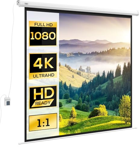 HOMCOM Schermo per proiettore elettrico 172 x 172 cm 1:1 schermo di proiezione con telecomando, schermo per home theater, presentazione, metallo, bianco