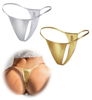 comeondear Perizoma Donna Pelle PU 2 Pezzi Tanga a Vita Bassa Bikini T-Back Slip Taglie Forti Micro Perizomi Mini String Intimo Mutande Brasiliana Underwear Lingerie 2-Argento+Oro,S