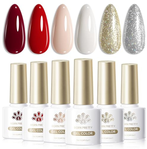 Born Pretty UV Nagellack Rot Weiß Silber Gold Glitzer - Gel Nagellack Burgunderrot Winter Schneeweiß Funkeln UV Lack Maniküre und Nagelkunst DIY zu Hause
