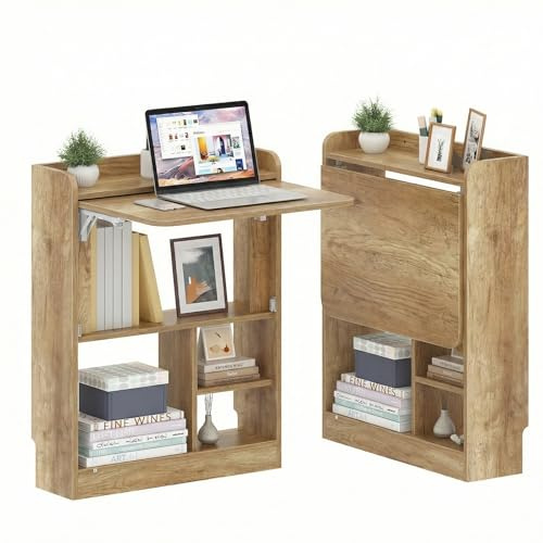 MoraRise Wall Mounted Table Folding Desk,Drop Leaf Floating Table with 4 Open Storage Shelves,Space Saving Laptop Computer Desk,Home Office Desk Workstation for Small Space Study Kitchen (Wood)